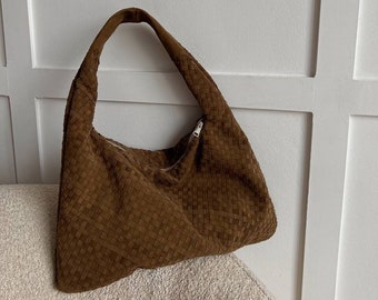 Brown suede hobo bag, Sardine bag,  ita bag crossbody, woven leather bag