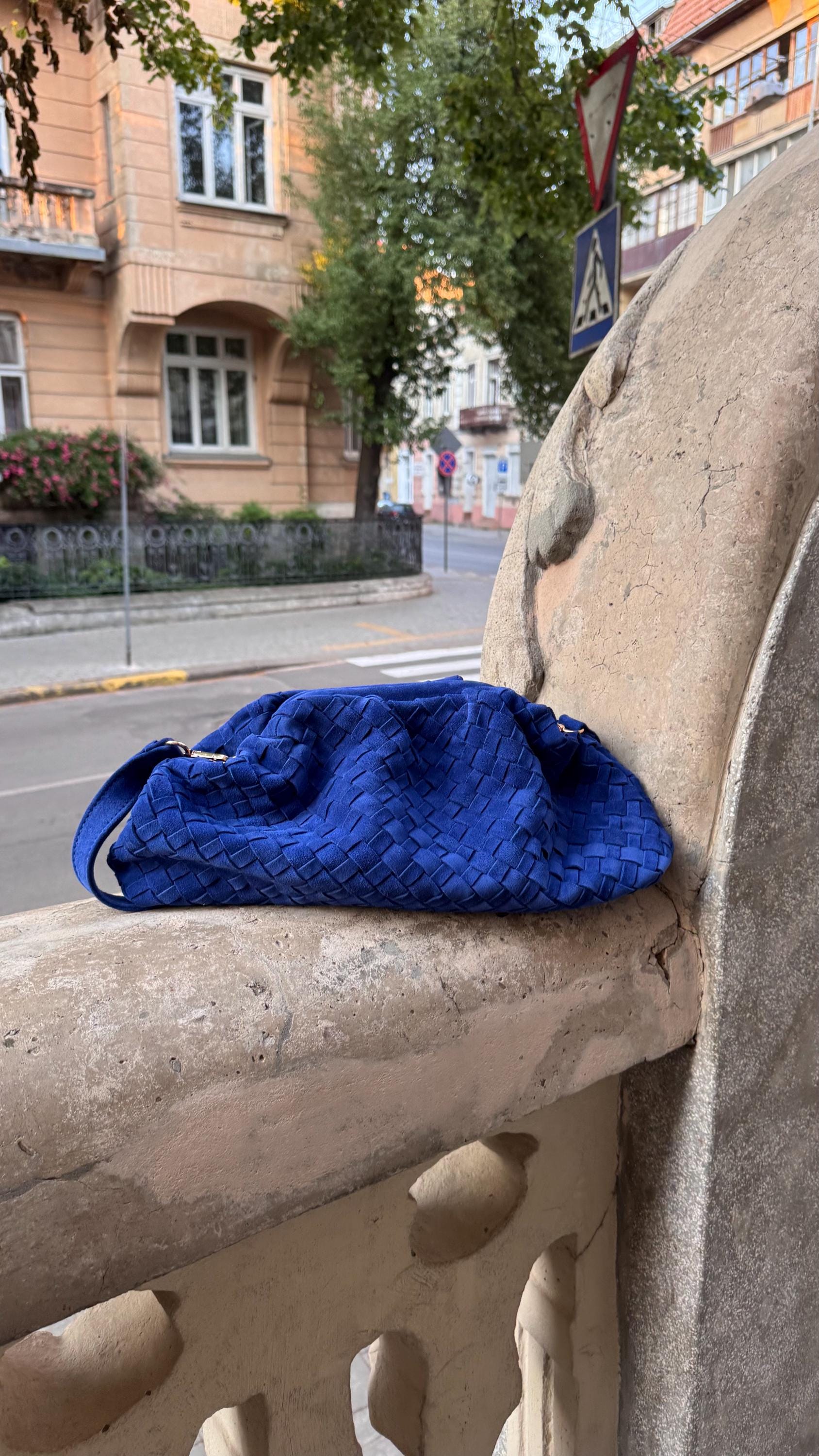 Navy suede clutch, blue woven handbag, braided top handle purse, wedding guest gift for her