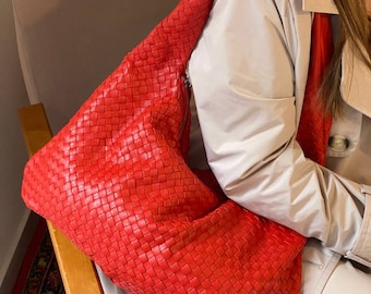 Red leather hobo bag, Sardine bag,  ita bag crossbody, woven leather bag