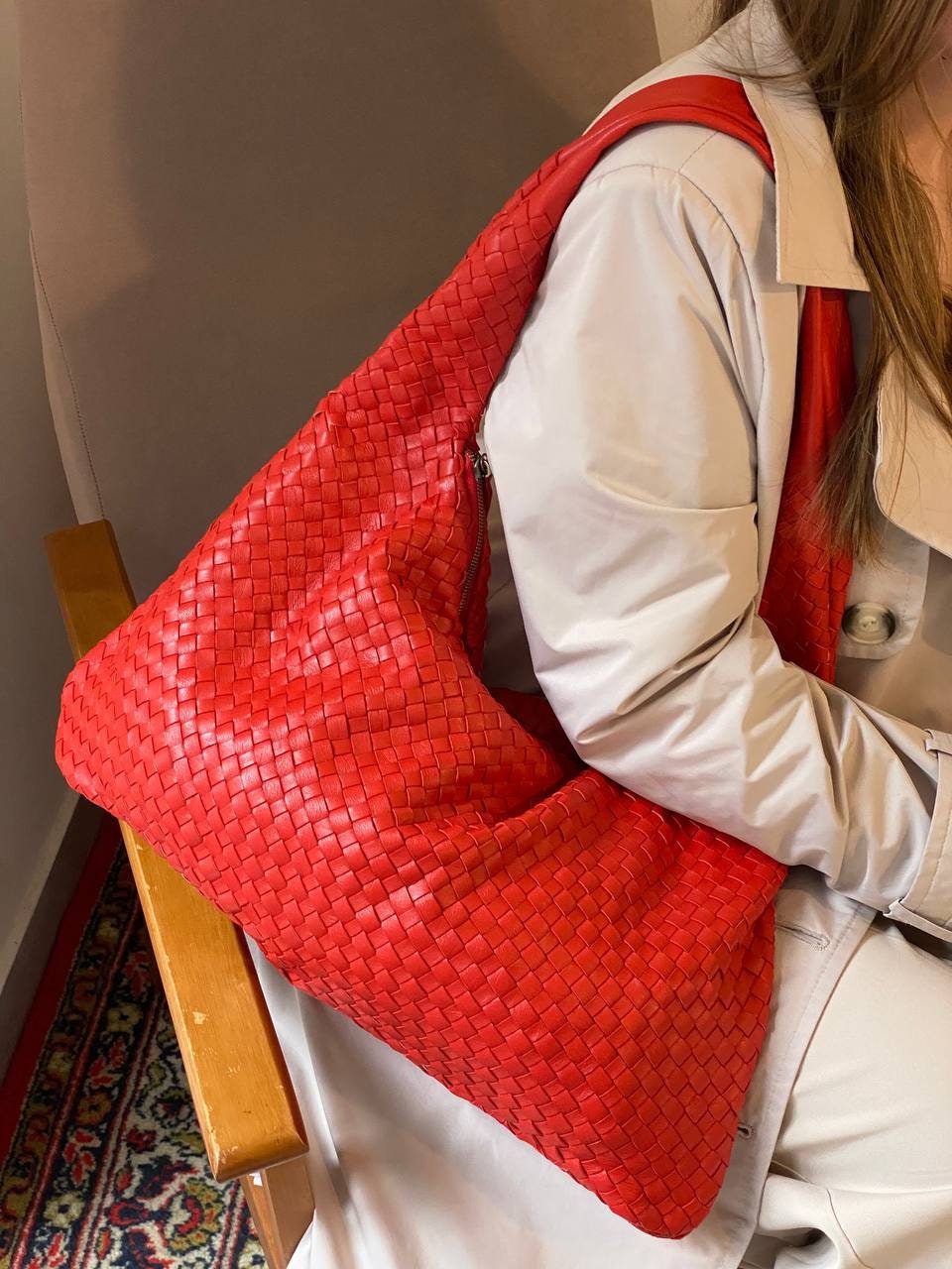 BOTTEGA VENETA Textured Fabric Medium The Point Triangle Bag Red