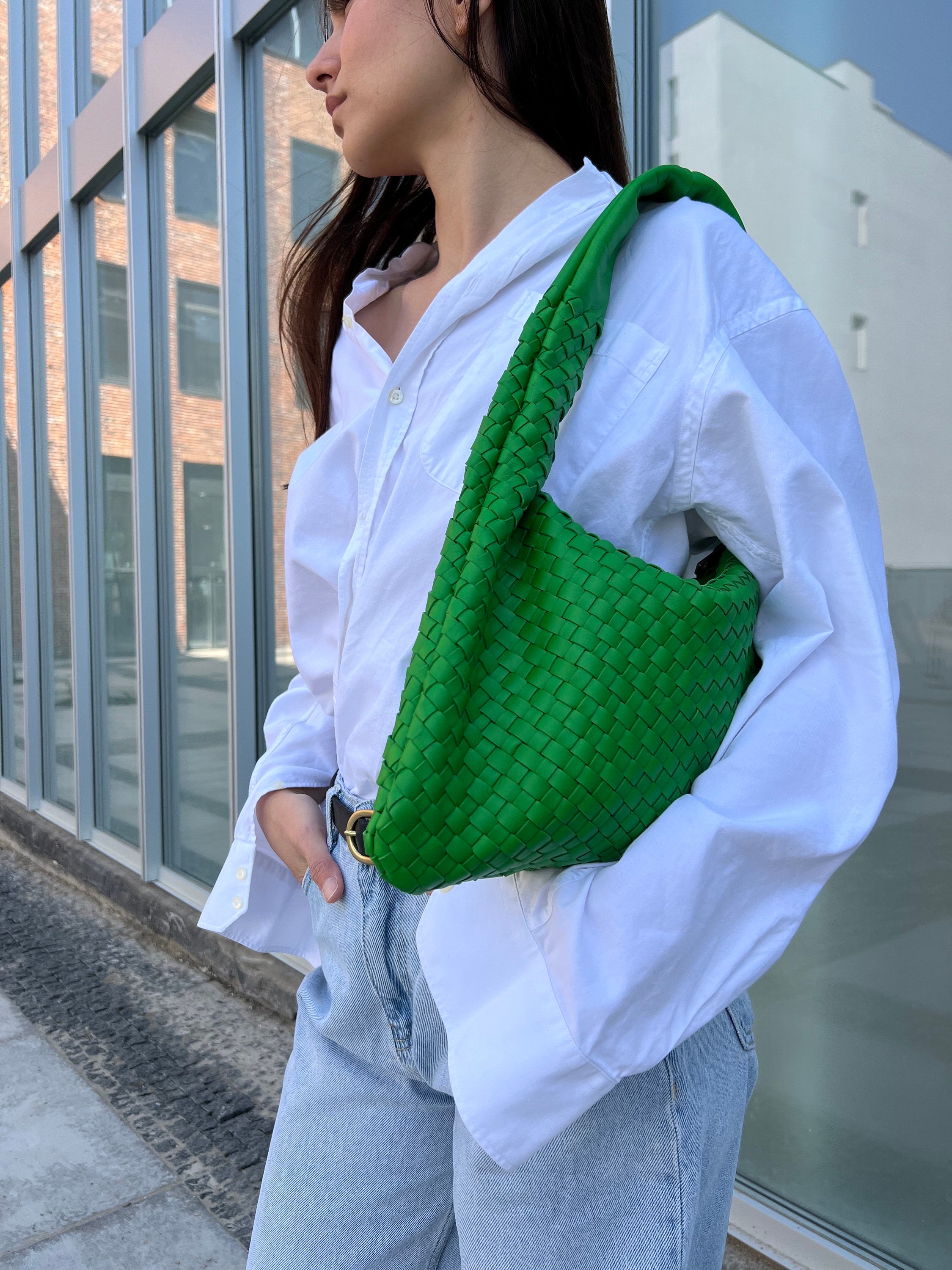 正規激安 Woven Green Rich Tote Green Bag, Leather Casual Bag, バッグ
