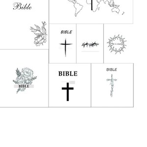 May include: A black and white image of a world map with a cross in the center. The word "BIBLE" is written in black text on a white background. There are several other images of crosses and thorns.