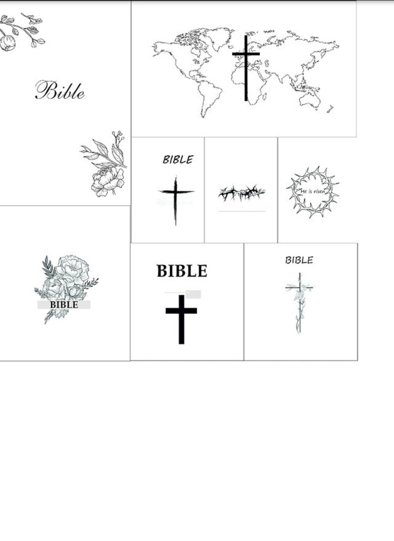 May include: A black and white image of a world map with a cross in the center. The word "BIBLE" is written in black text on a white background. There are several other images of crosses and thorns.