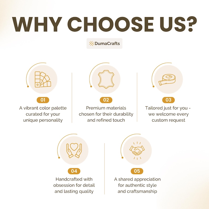 May include: An infographic titled WHY CHOOSE US? by DumaCrafts featuring five numbered icons. Icons include a color swatch, a leather hide, a measuring tape, hands holding a heart, and a handshake, each with descriptive text about product features.