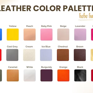 May include: A leather color palette chart for a hobo bag featuring twenty-one distinct color swatches arranged in three rows. The colors include blue, yellow, peach, baby pink, beige, lavender, hot pink, crimson, cool grey, cream, ice blue, chestnut, brown, gold, olive, caramel, white, burgundy, orange, black, and red.