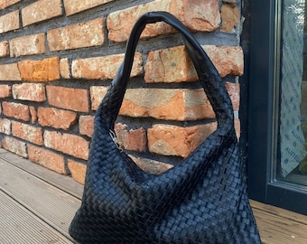 Black leather hobo bag, Sardine bag,  ita bag crossbody, woven leather bag