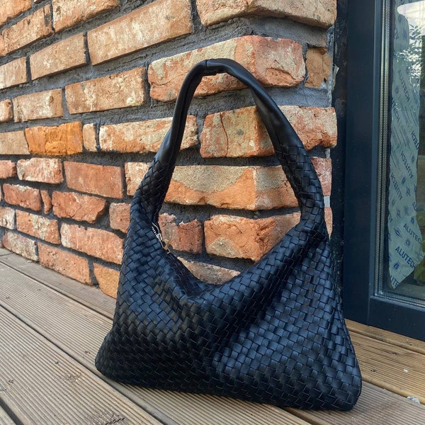 Black leather hobo bag, Sardine bag,  ita bag crossbody, woven leather bag