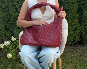 Burgundy woven shoulder bag, large slouchy leather handbag, everyday deep red tote gift for her