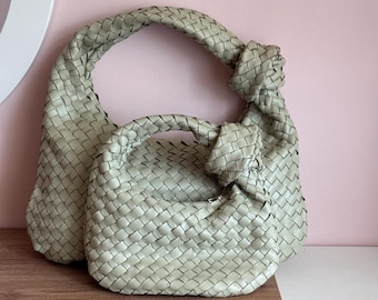 Sage green woven leather slouchy purse, knotted handle shoulder bag, crescent shape handbag