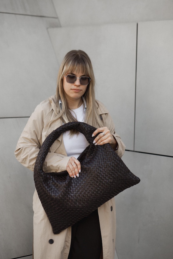 Genuine leather bag, woven leather purse, glossy brown office handbag, casual roomy women bag, square shape leather purse, gift for her
