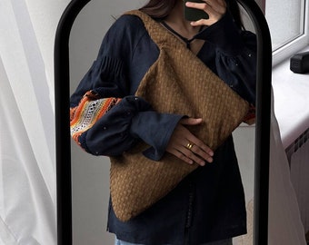 Brown suede hobo bag, Sardine bag,  ita bag crossbody, woven leather bag