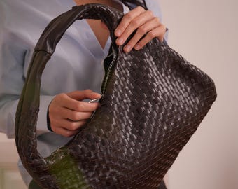 Borsa hobo morbida in pelle intrecciata, grande borsa a tracolla intrecciata a mano, borsa tote minimalista marrone scuro, spaziosa borsa casual da ufficio in regalo