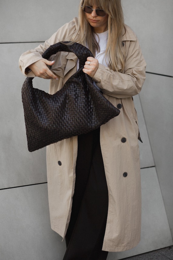 Smooth leather woven bag, casual brown leather rooomy bag, women hand woven bag, square shape office handbag, hamdmade leather purse