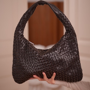 Dunkelbraune Echtledertasche, gewebte lässige Ledertasche, Einkaufsschultertasche, Geburtstagsgeschenk, haltbare Damentasche, lederne Beuteltasche