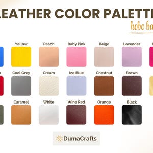 May include: A leather color palette for a hobo bag, featuring a variety of colors including blue, yellow, peach, baby pink, beige, lavender, hot pink, crimson, cool grey, cream, ice blue, chestnut, brown, gold, olive, caramel, white, wine red, orange, and black.
