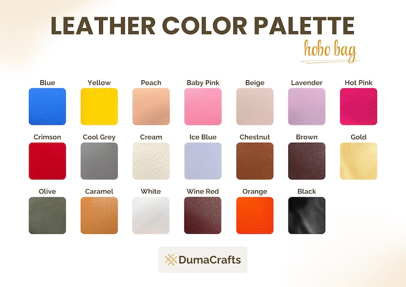 May include: A leather color palette for a hobo bag, featuring a variety of colors including blue, yellow, peach, baby pink, beige, lavender, hot pink, crimson, cool grey, cream, ice blue, chestnut, brown, gold, olive, caramel, white, wine red, orange, and black.