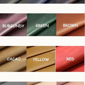 May include: A chart of 12 different leather swatches in various colors, including black, dark blue, dark brown, burgundy, green, brown, cacao, yellow, red, gray, beige, and pink.