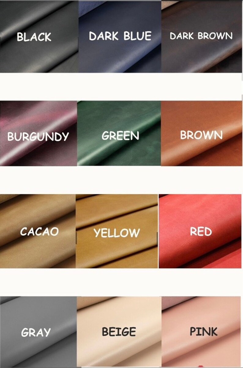May include: A chart of 12 different leather swatches in various colors, including black, dark blue, dark brown, burgundy, green, brown, cacao, yellow, red, gray, beige, and pink.
