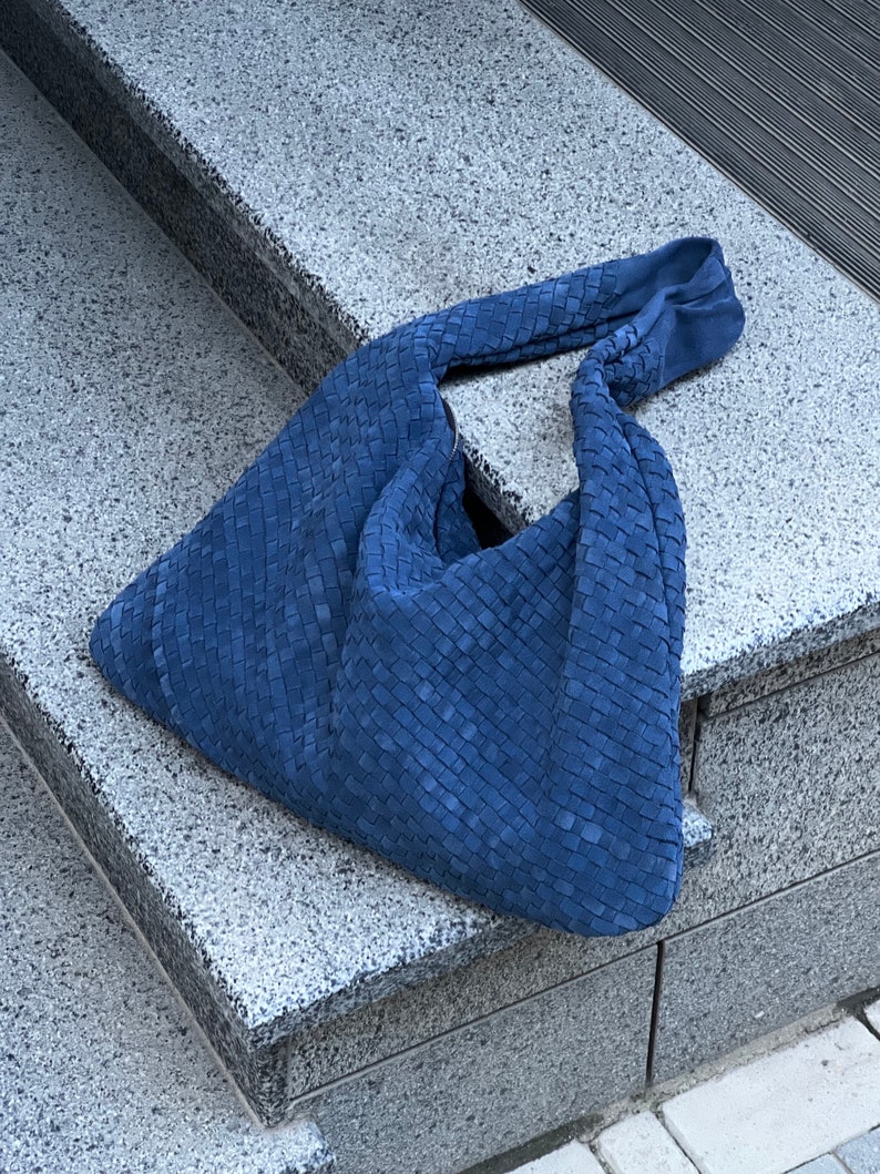 blue suede tote bag, woven shoulder bag, women leather shopper, minimalist everyday bag, navy blue accessory, custom size handbag, office tote with pockets, city companion bag, work bag for women, structured leather tote, practical shoulder purse, capsule wardrobe accessory, confidence style bag