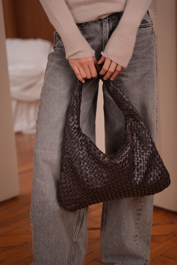 Chocolate leather woven bag, glossy leather purse, genuine leather zipper bag, dark brown woman working bag, leather hobo habd bag, gift her