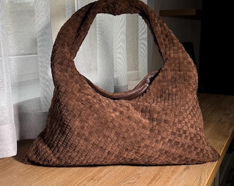 Chocolate suede hobo bag, Sardine bag,  ita bag crossbody, woven leather bag