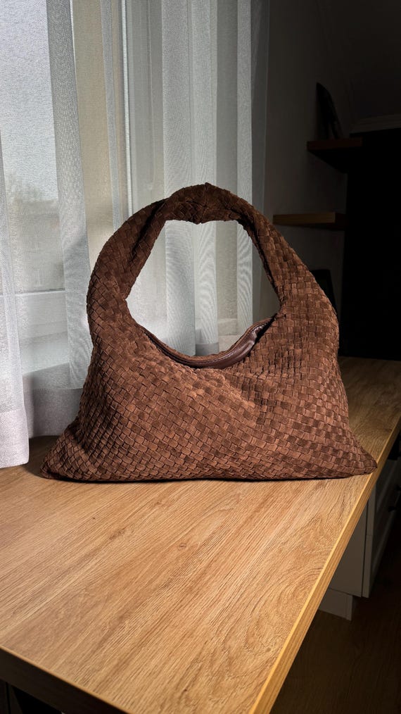 Chocolate suede hobo bag, Sardine bag, woven leather bag, commuter work bag