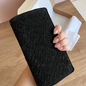 Cartera de piel negra, cartera de piel personalizada, cartera larga de piel magnética