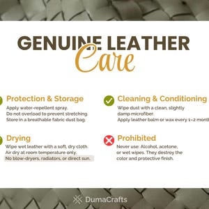 May include: A white informational card titled Genuine Leather Care with sections for Protection & Storage, Cleaning & Conditioning, Drying, and Prohibited actions. The text provides instructions for maintaining leather items, including avoiding heat.