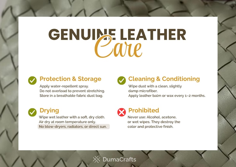 May include: A white informational card titled Genuine Leather Care with sections for Protection & Storage, Cleaning & Conditioning, Drying, and Prohibited actions. The text provides instructions for maintaining leather items, including avoiding heat.