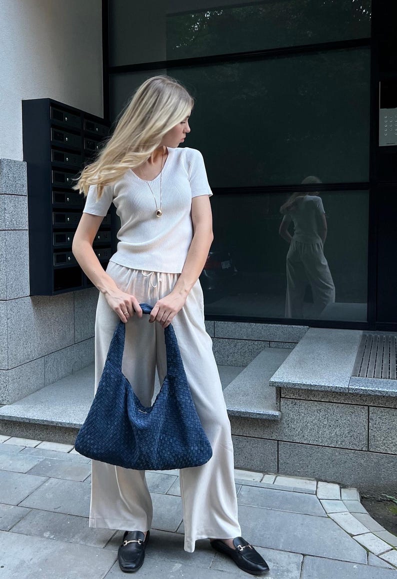 blue suede handbag,
woven shoulder bag,
handwoven purse her,
everyday wear tote,
women leather tote,
custom size shopper,
office tote pockets,
minimalist women bag,
business casual bag,
navy blue accessory,
birthday gift friend,
anniversary gift her,
trendy accessories,