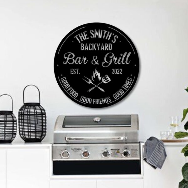 Outdoor Personalized Bar and Grill Sign-Custom Metal Signs-Metal Wall Art-Last Name Sign-Family Name Sign-Personalized Wedding Gift