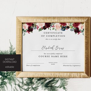 Certificate of Completion, Floral certificate, Classes Template, Course Certificate, Printable, Instant Download, Burgundy