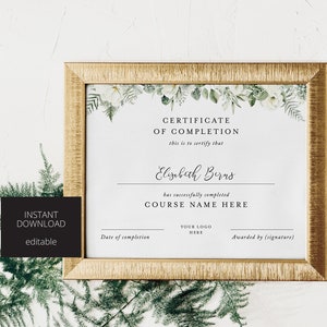 Certificate of Completion, Floral certificate, Classes Template, Course Certificate, Printable, Instant Download