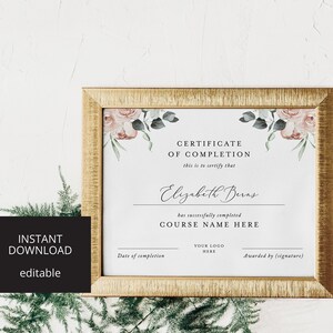 DIY Certificate of Completion Template, Printable Beauty Course Certificate, Floral Template, Instant Access