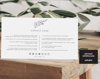 May include: A white card with black text outlining candle care instructions. The card has a simple design with a small logo at the top. The text includes instructions such as trimming the wick, burning time, and extinguishing the candle. The card also includes social media icons and a website address.