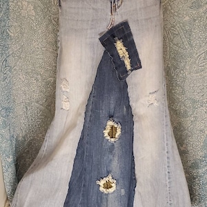 Distressed long BOHO Denim patchwork skirt, size 11