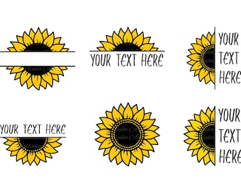 May include: Six different designs of sunflower graphics with the text "YOUR TEXT HERE" in black. The sunflowers are yellow with black centers.