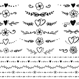 Bordüre svg. Teiler svg. Zweige svg, Blumen svg. Design-Elemente für die Hochzeit. Vektor-Dekorationen. Herzen, Zweige und Locken handgezeichnet.