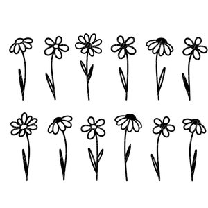 May include: A set of 10 black and white line drawings of daisies. Each daisy has a simple stem and leaves. The daisies are arranged in two rows of five.