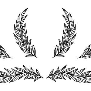 May include: A set of five black and white line drawings of stylized leafy branches. The branches are arranged in a symmetrical pattern, with two branches forming a circle at the top and three branches forming a horizontal line at the bottom.