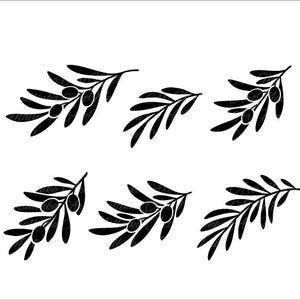 Könnte beinhalten: Schwarz-Weiß-Illustration von Olivenzweigen. Das Bild zeigt sechs Zweige von Olivenzweigen, jeweils mit Blättern und Oliven, vor einem weißen Hintergrund. Das Design ist schlicht und elegant.