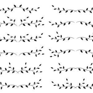May include: Set of ten black and white floral dividers, each with a different arrangement of leaves and branches. These dividers can be used to separate text or images in a document or on a website.