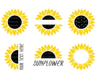 May include: Set of six sunflower SVG cut files. The sunflowers are in various styles, including a full sunflower, a half sunflower, and a sunflower with a blank circle in the center. The text "YOUR TEXT HERE" is included in one of the designs.