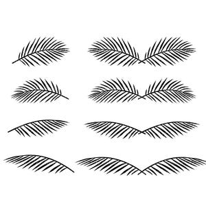 May include: Black and white illustrations of palm fronds in various arrangements. The image features several individual fronds and pairs of fronds, all with detailed, textured lines. The design is suitable for tropical or botanical themes.