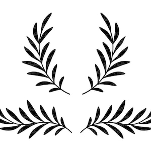 May include: Two black silhouette images of stylized leafy branches. The top two branches are curved to form a semi-circle. The bottom two branches are straight and parallel.