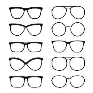May include: A set of ten different styles of eyeglasses, all in black, with no lenses. The eyeglasses are arranged in two rows of five.