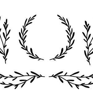 May include: Five black and white illustrations of stylized branches with leaves. The branches are arranged in a symmetrical pattern, with two branches on the top, two branches on the bottom, and one branch in the center.