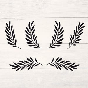 May include: Black leaf branch designs arranged in various curved and symmetrical patterns. The leaves are detailed and stylized, set against a white, wood-grain background. These botanical illustrations are suitable for decorative purposes.