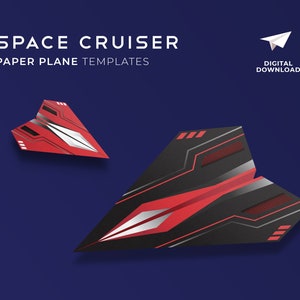 May include: Two red and black paper airplane templates with a futuristic design. The text "SPACE CRUISER PAPER PLANE TEMPLATES" is at the top of the image. The text "DIGITAL DOWNLOAD" is in the top right corner of the image.