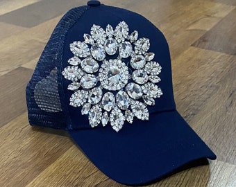 Women’s Dark Blue & Blue Mesh Back "Bling" Rhinestone Baseball Cap Hat With Ponytail Hole